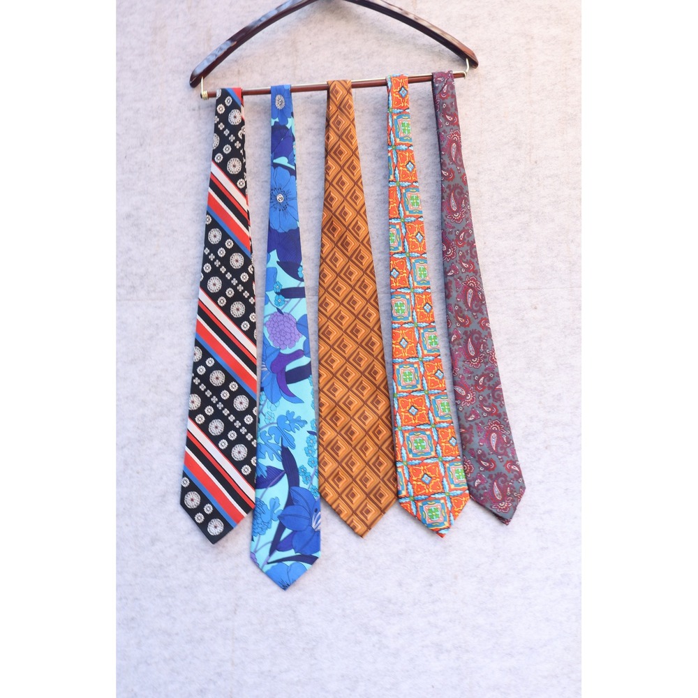Vintage 70s Men Necktie Lot 5pc Sears Geometric Floral Paisley Polyester Retro